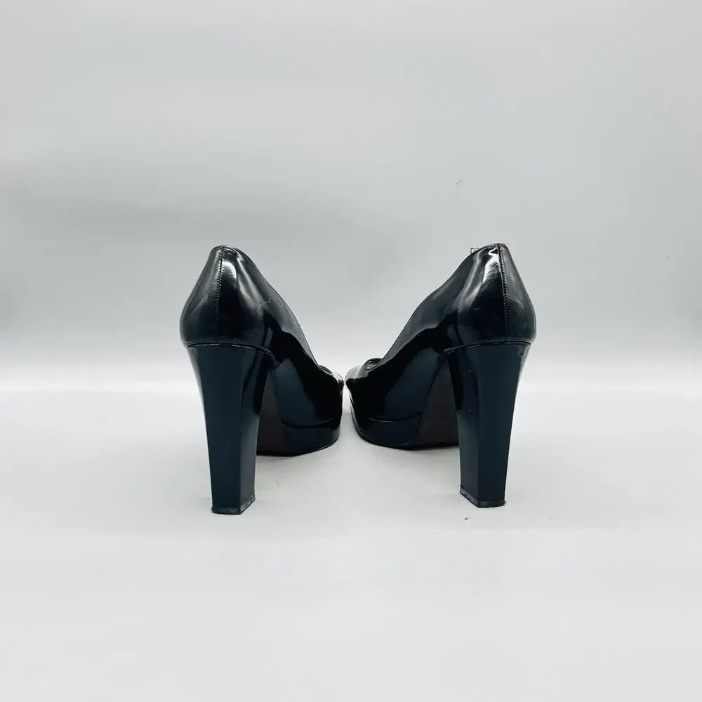 Stuart Weitzman Shoes Womens 8 Black Patent Platform Peep Toe Block Heel Pumps